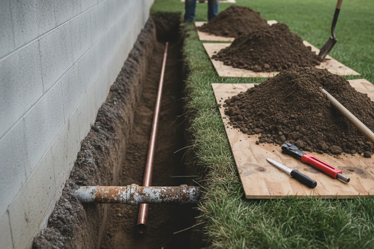 Excavated water line trench during Water Softener Installation in Calistoga